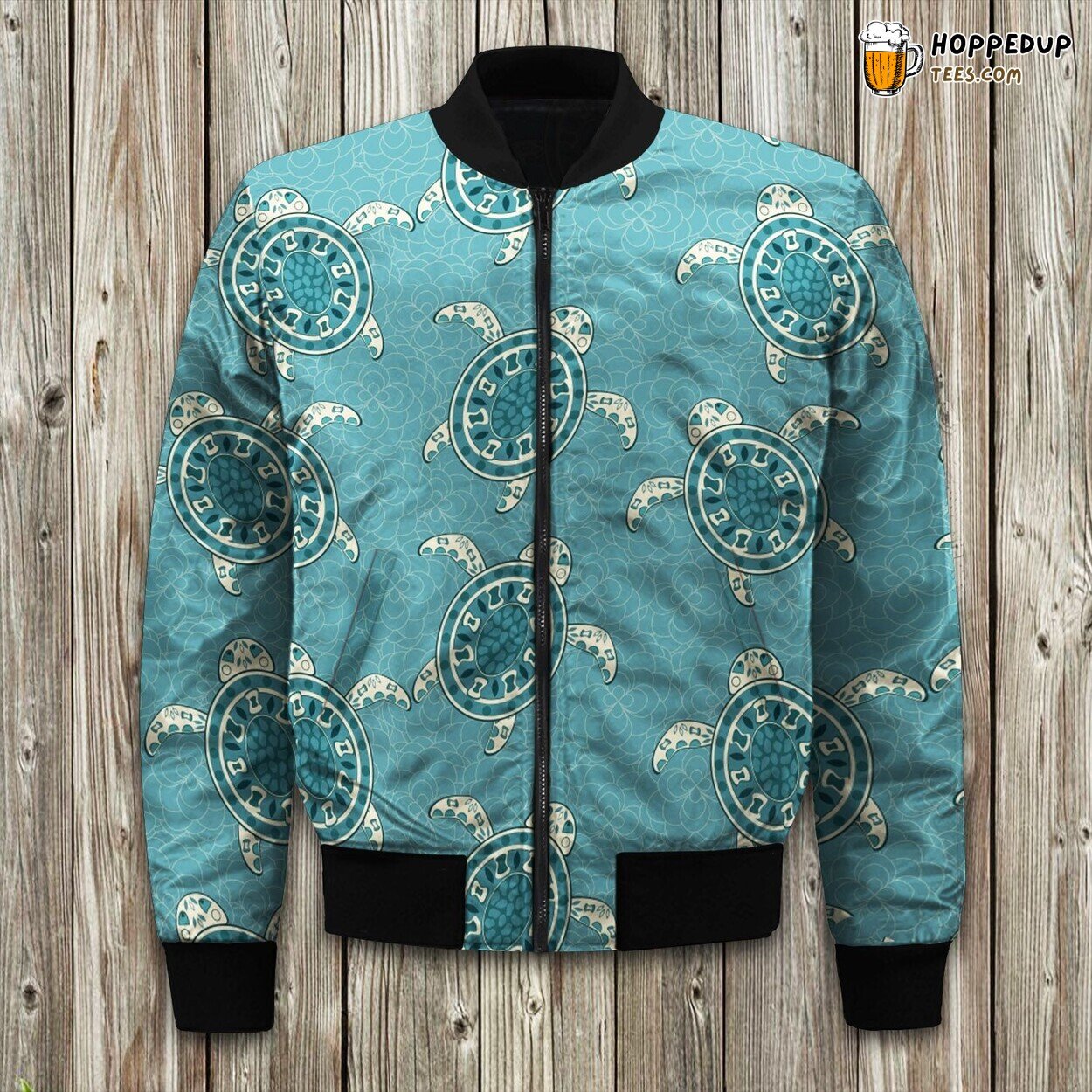 Winter Jacket Adorned with Sea Turtle Graphics Bomber Design