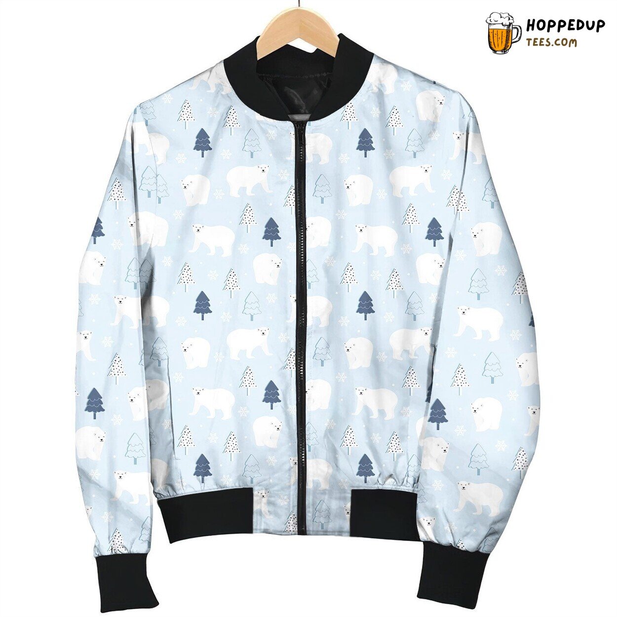 Winter Polar Bear And Xmas Tree Light Background Bomber Jacket