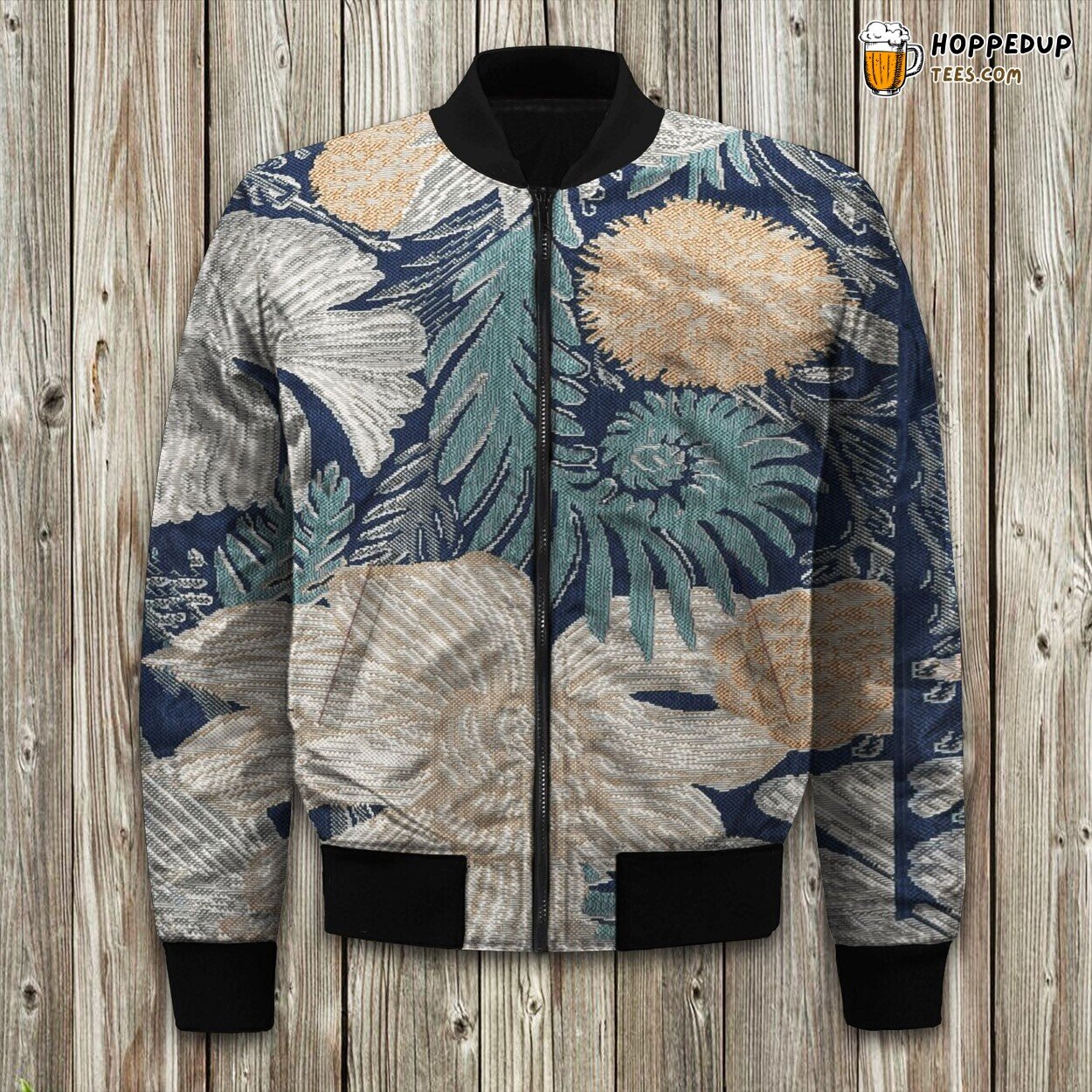 Woodcut Floral Design Winter Bomber Jacket Artistic Nature’s Beauty
