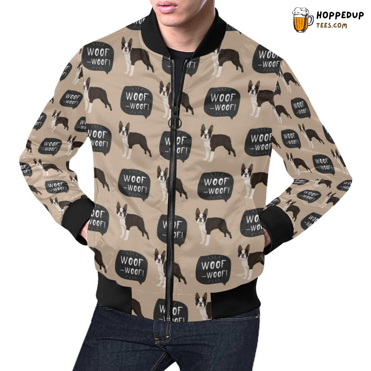 Woof Woof Boston Terrier Pattern Print Men’s Bomber Jacket Design Woof Woof Boston Terrier Pattern Print Men’s Bomber Jacket Design