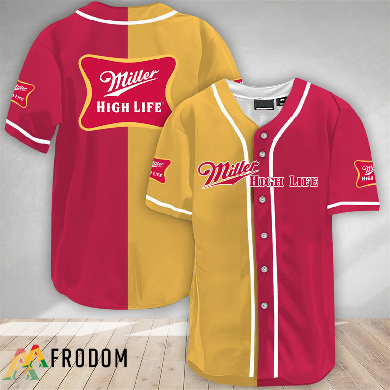 Yellow And Maroon Split Miller High Life Baseball Jersey HU