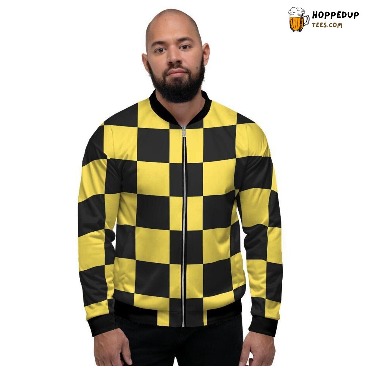 Yellow Checkered Design Men’s Bomber Jacket Classic Checkerboard Fashion Look