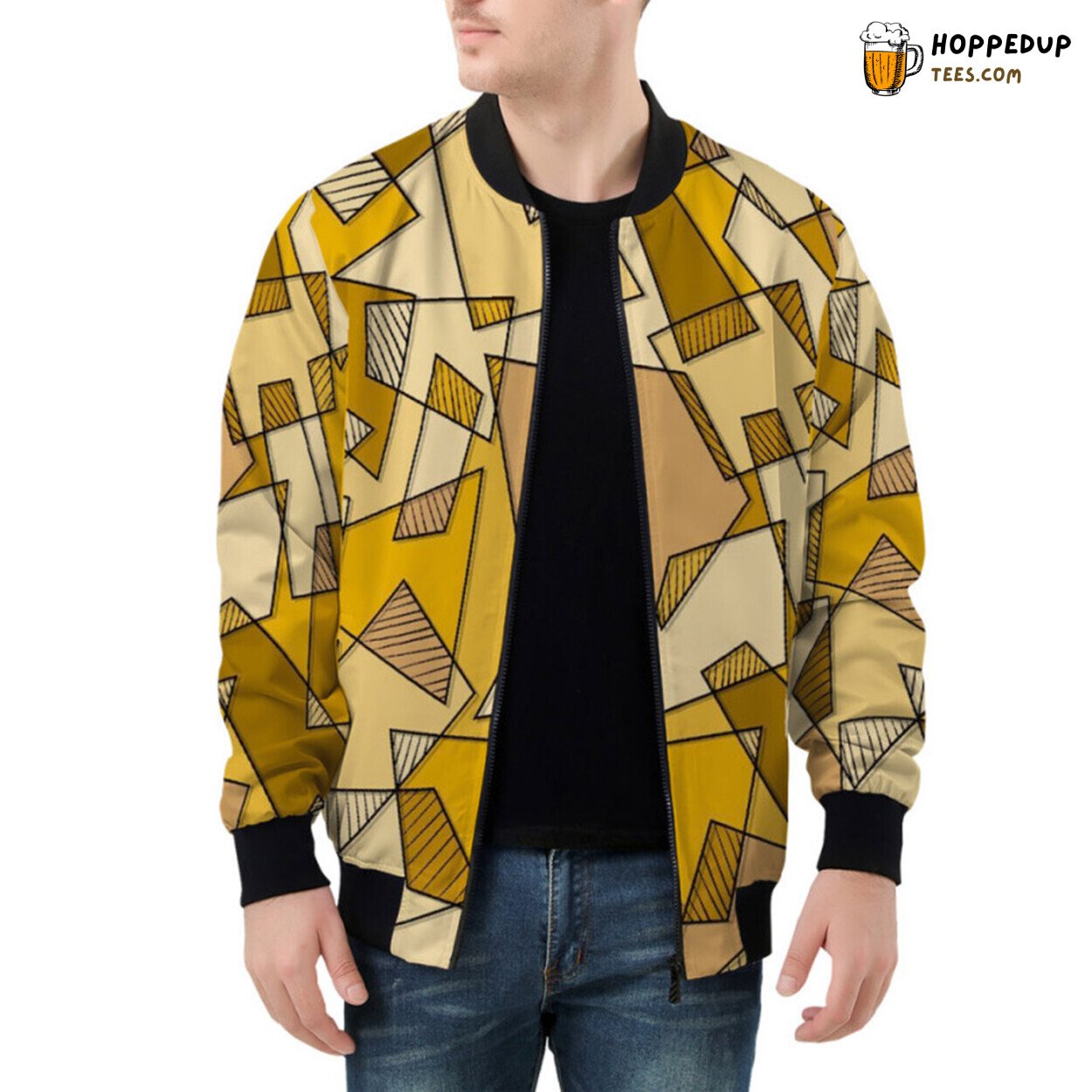 Yellow Geometric Mosaic Pattern Displayed Bomber Jacket