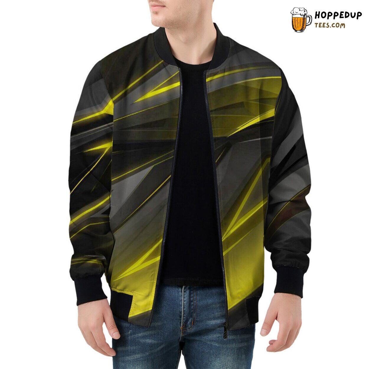 Yellow Geometric Stripes Play Across Men’s Bomber Jacket Canvas
