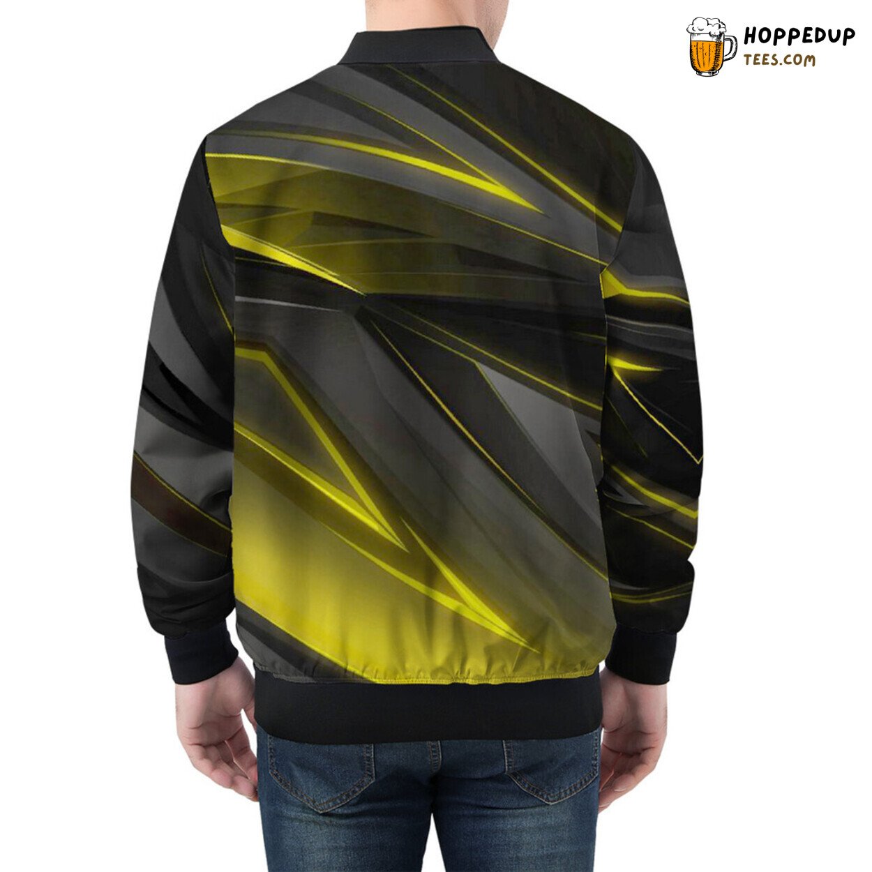 Yellow Geometric Stripes Play Across Men’s Bomber Jacket Canvas