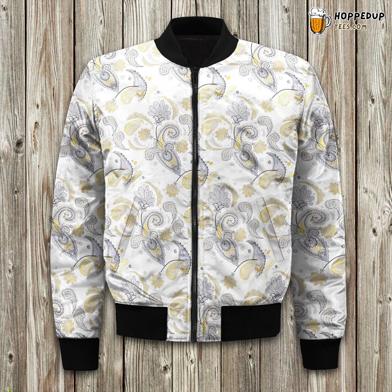 Yellow Grey Paisley Printed Reversible Bedspread Bomber Jacket