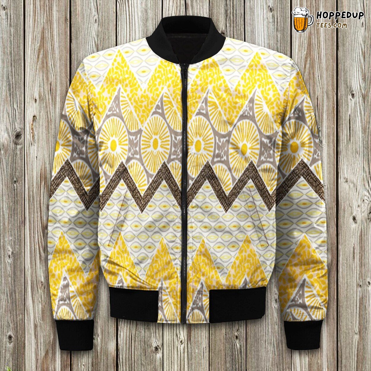 Yellow Grey Pattern Winter Bomber Jacket Unique Fashionable Warm Design