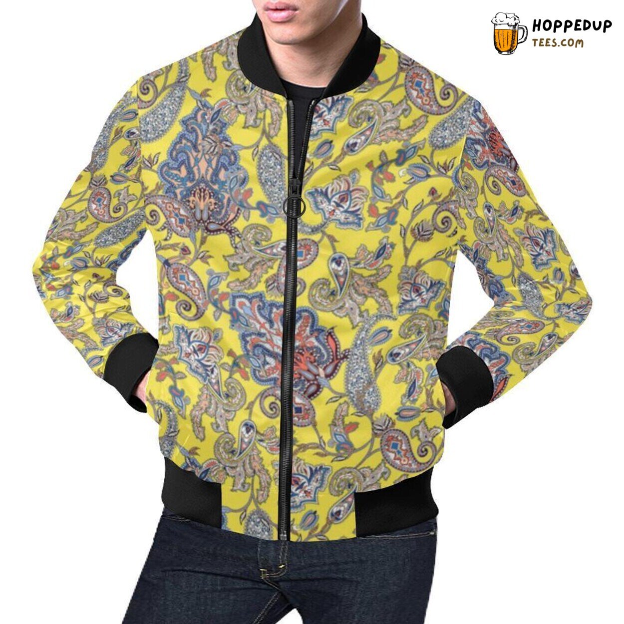 Yellow Paisley Pattern Print Men’s Unique Bomber Jacket Design