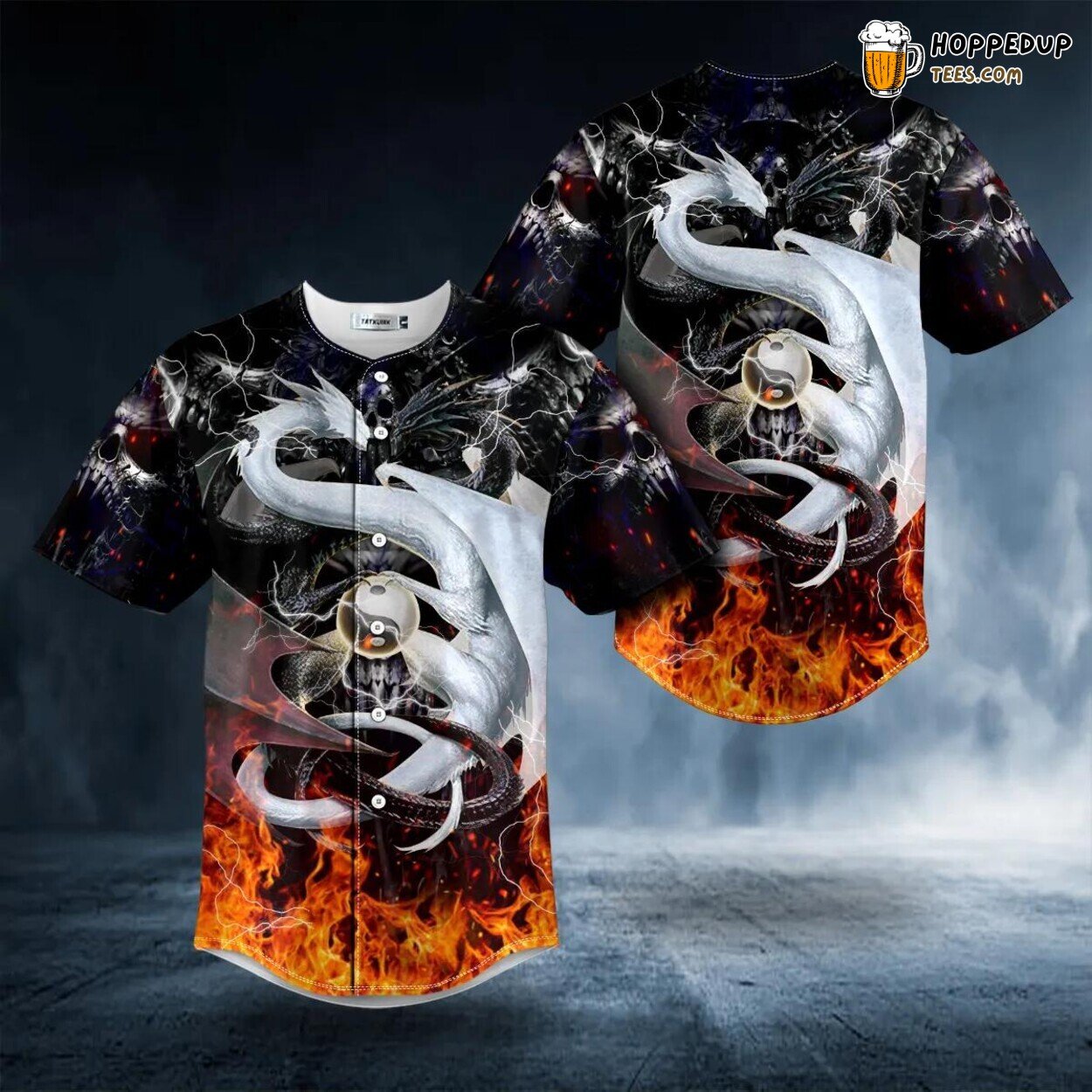 YinYang Dragons Fire Skull Baseball Jersey Unique 3D Print Design Apparel
