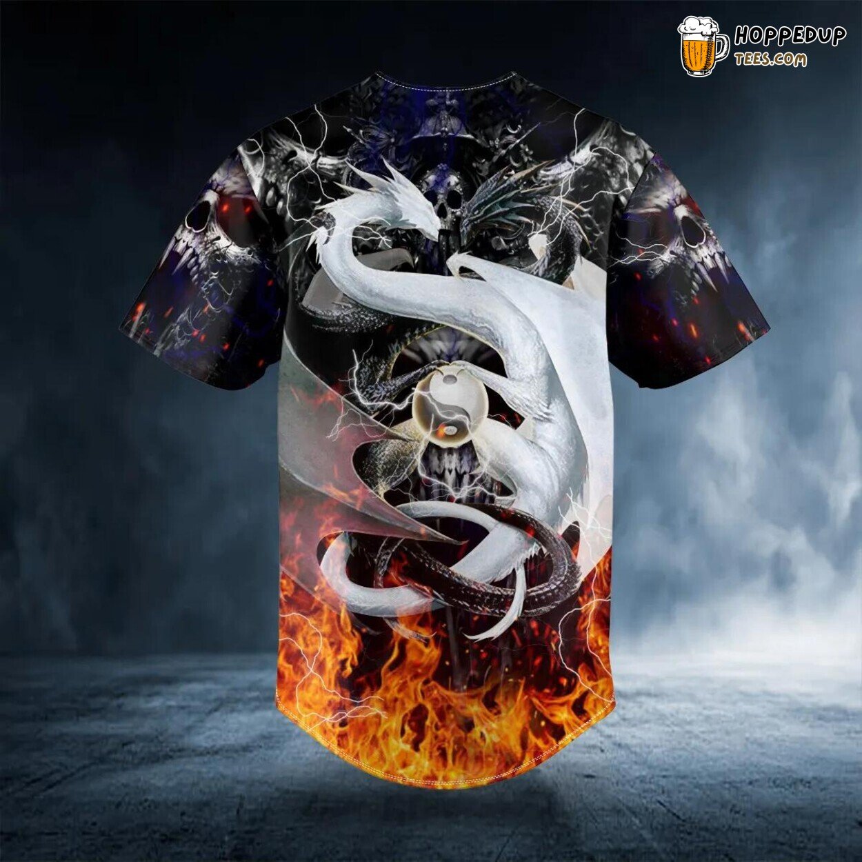 YinYang Dragons Fire Skull Baseball Jersey Unique 3D Print Design Apparel