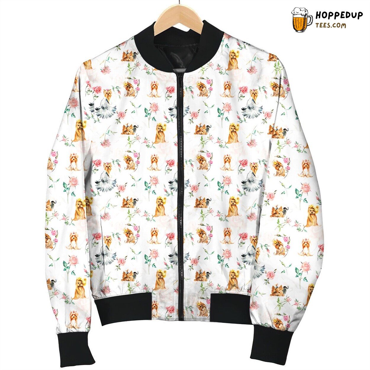 Yorkie Beside Blooming Rose Winter Bomber Jacket Floral Canine Design