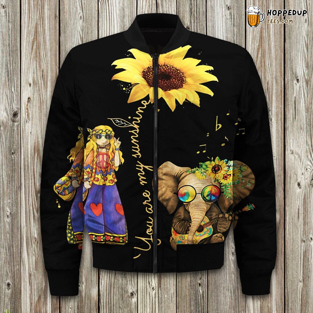 You Are My Sunshine Sunflower Hippie Girl & Elephant Bomber Jacket