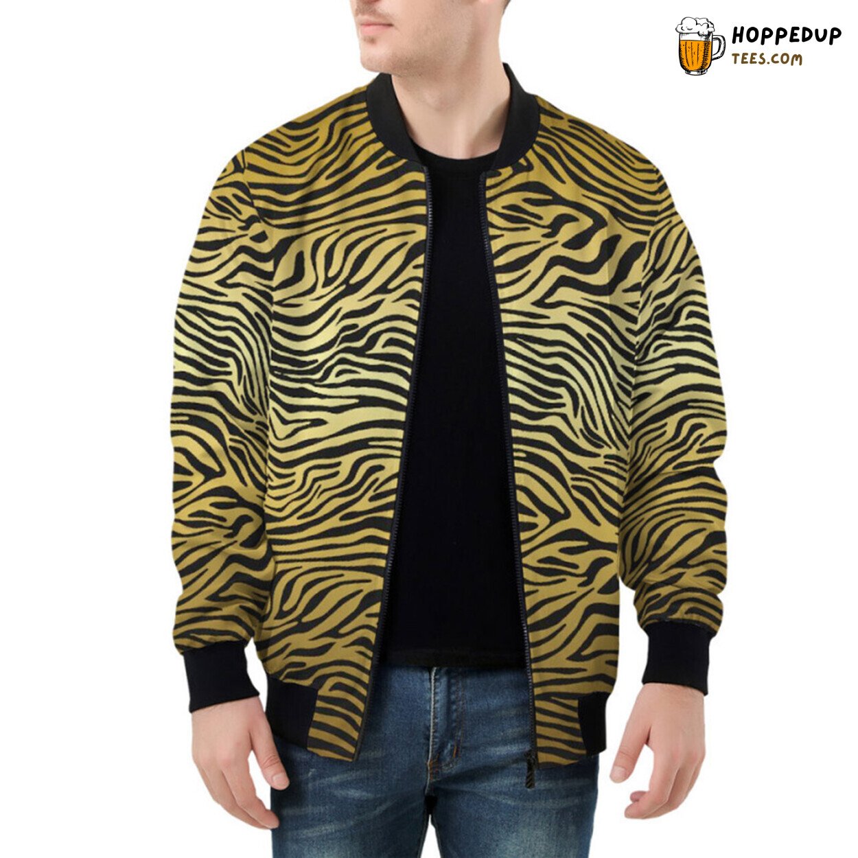 Zebra Patterns in a Shimmering Golden Hue Bomber Jacket