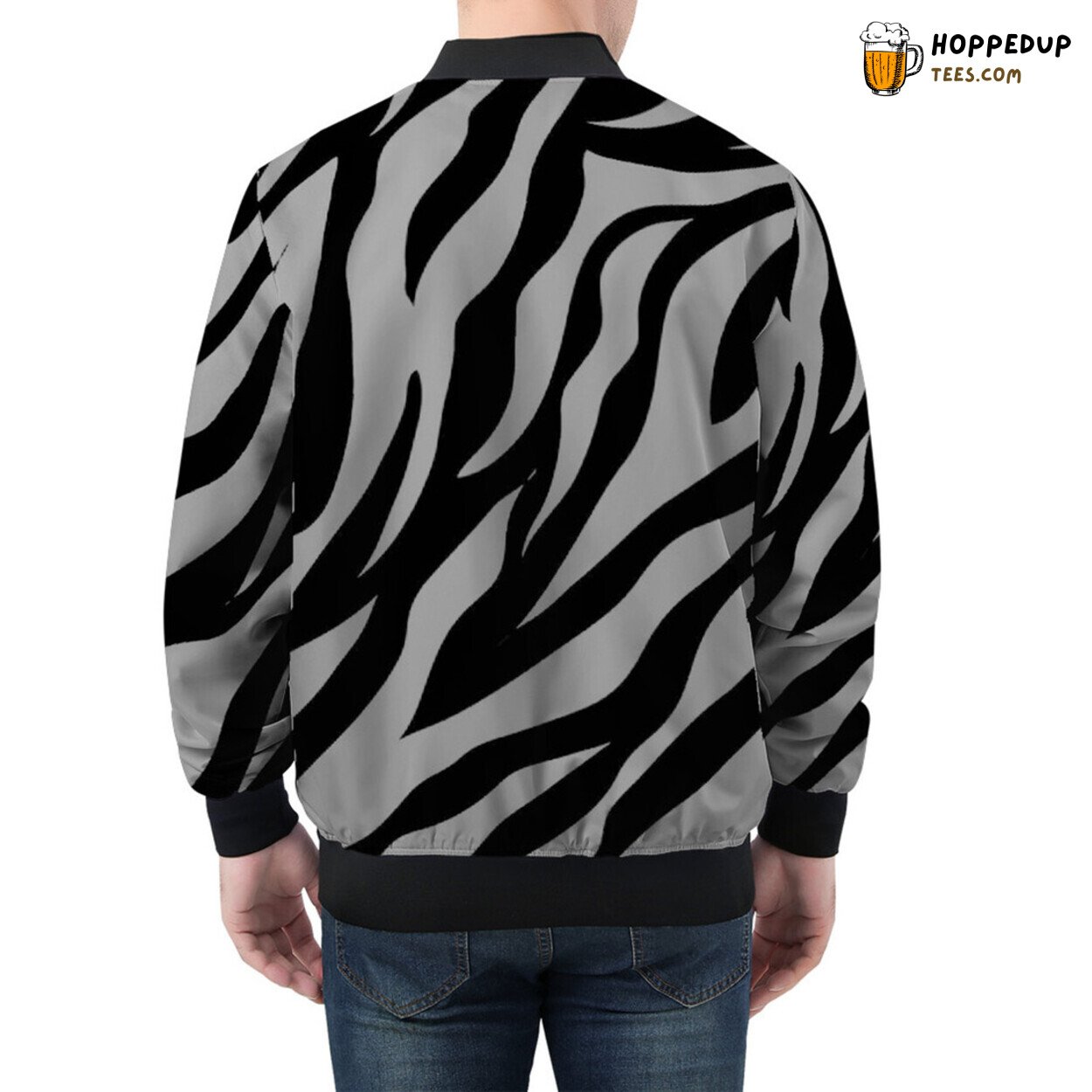 Zebra Stripes Meld Camouflage Art on Men’s Bomber Jacket Fabric
