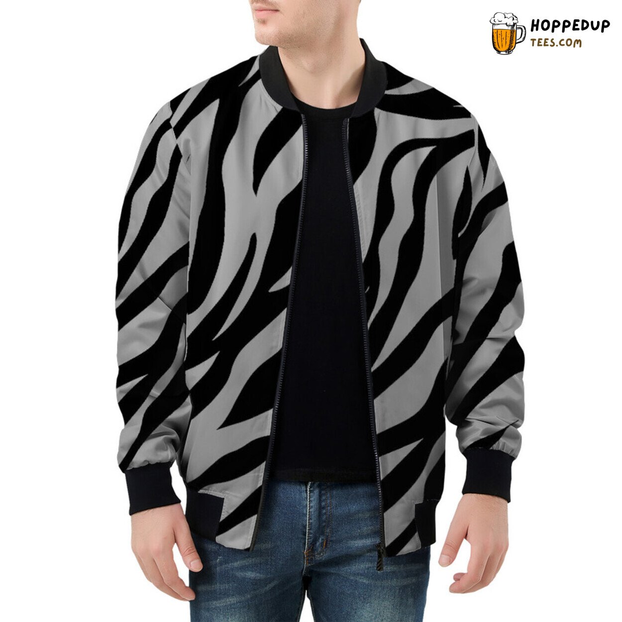 Zebra Stripes Meld Camouflage Art on Men’s Bomber Jacket Fabric