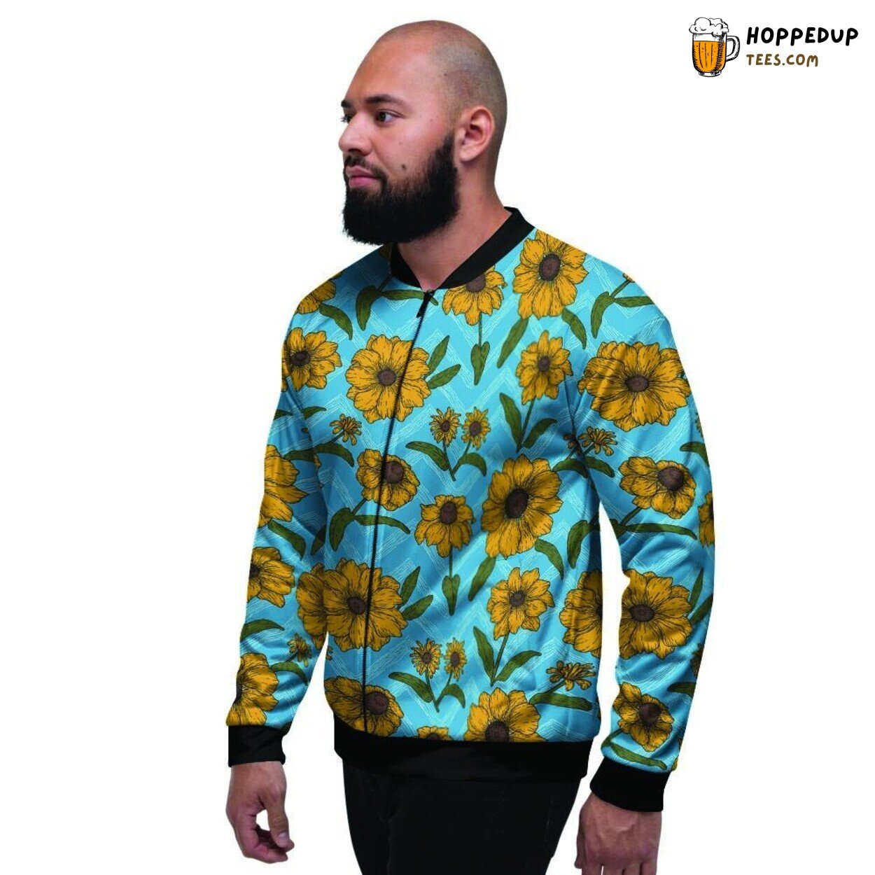Zigzag Blue Sunflower Art Display Men’s Bomber Jacket Vibrant Floral Fusion