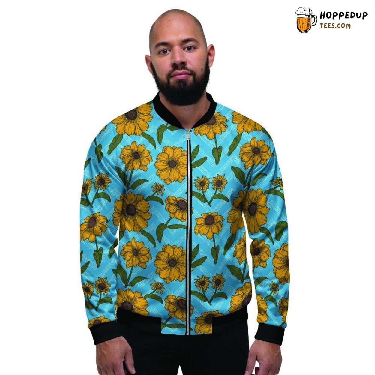 Zigzag Blue Sunflower Art Display Men’s Bomber Jacket Vibrant Floral Fusion