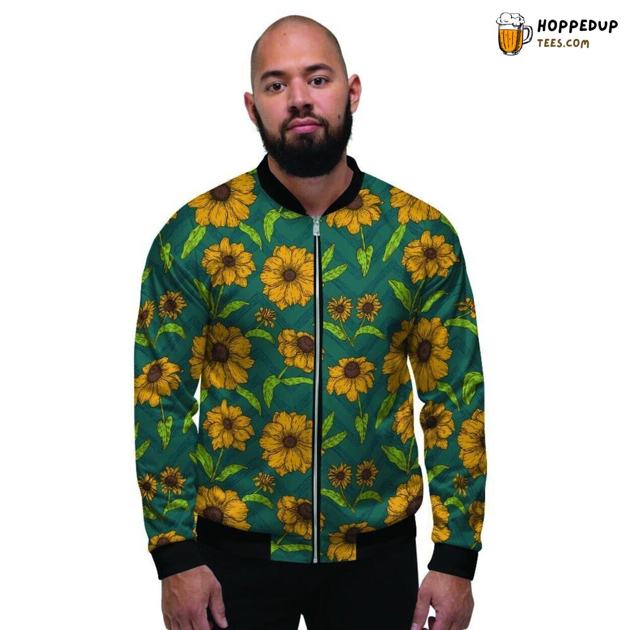 Zigzag Pattern with Sunflower Hue Men’s Bomber Jacket Vibrant Floral Design