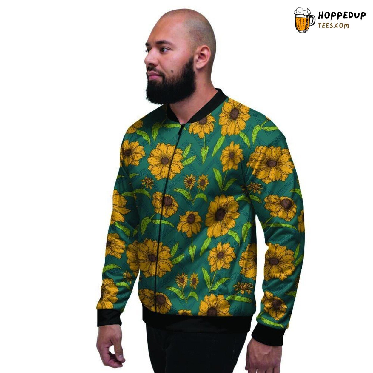 Zigzag Pattern with Sunflower Hue Men’s Bomber Jacket Vibrant Floral Design