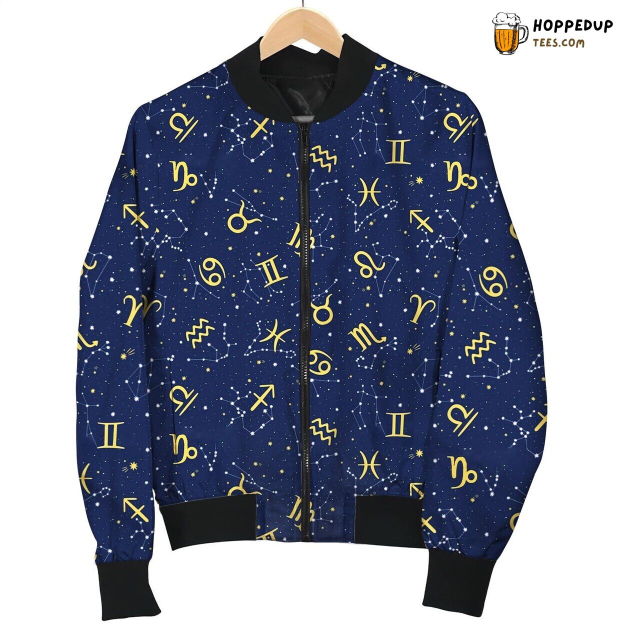 Zodiac Blue Art Winter Bomber Jacket Celestial Sky Patterns
