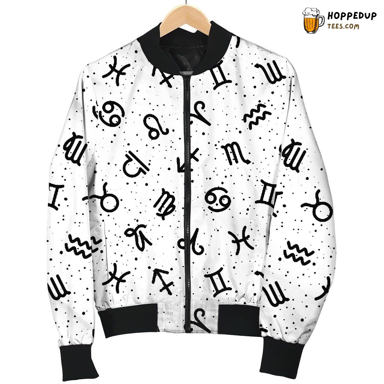 Zodiac White Patterns Winter Bomber Jacket Celestial Artwork